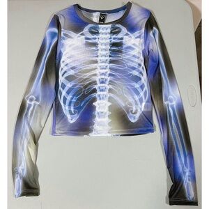 Windsor Black Blue Skeleton Bones Long Sleeve Shirt Top Blouse Tee Size S 💙✨